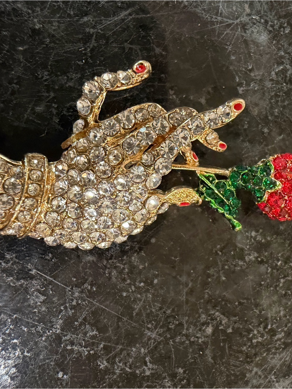 Crystal Hand & Rose Brooch - Gold Tone with Clear, Red, and Green Rhinestones